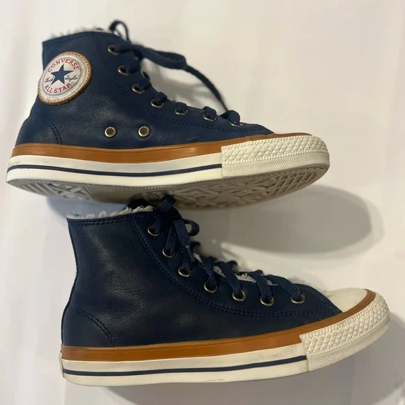 Converse Navy High-Top Sneakers with White Toe and Brown Midsole Trim - Picture 4 of 15